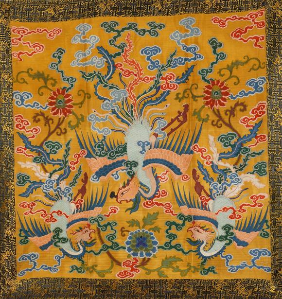 Eden Fine Antiques Galleries LLCA CHINESE YELLOW THREE PHOENIX BROCADE PANEL
