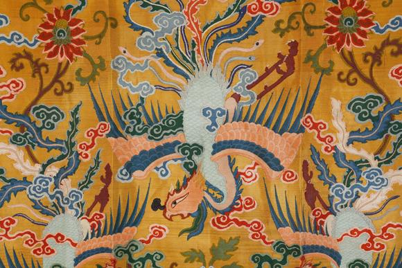 Eden Fine Antiques Galleries LLCA CHINESE YELLOW THREE PHOENIX BROCADE PANEL