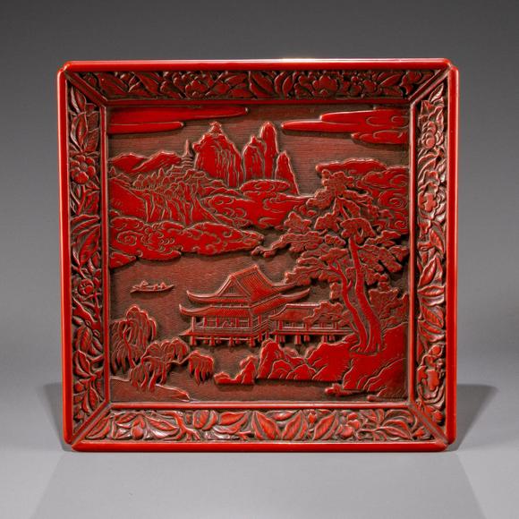 大阪美術(shù)商會明 堆朱山水樓閣圖方盤