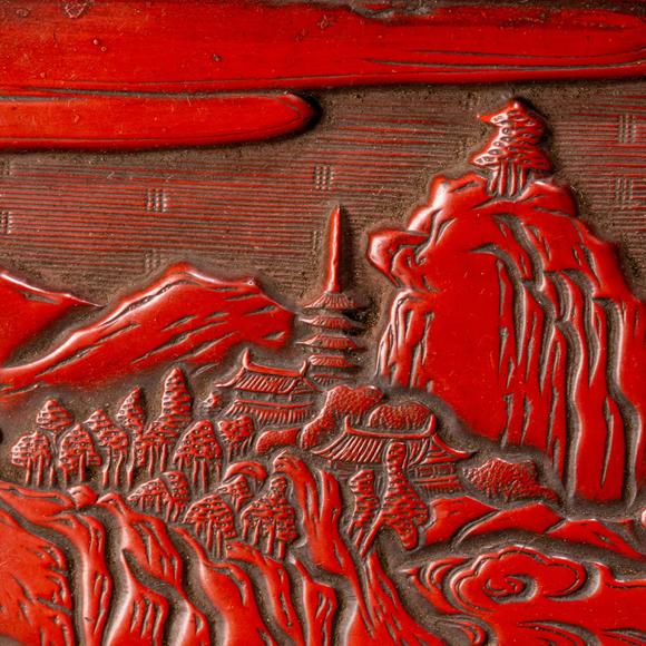 大阪美術(shù)商會(huì)明 堆朱山水樓閣圖方盤