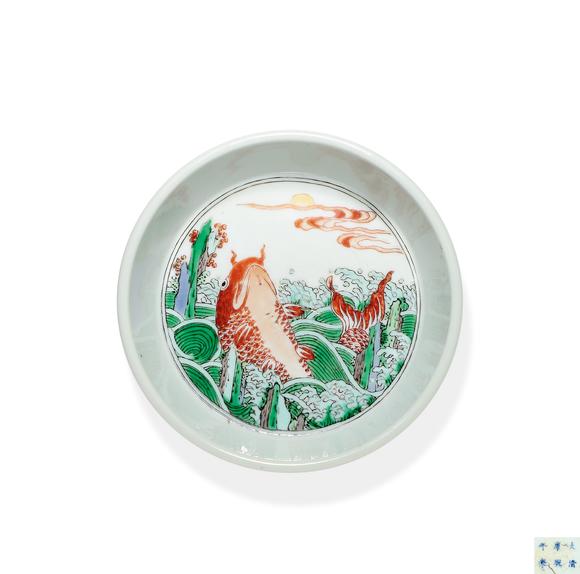 華藝國際清康熙  臧窯五彩赤鯉朝日圖洗