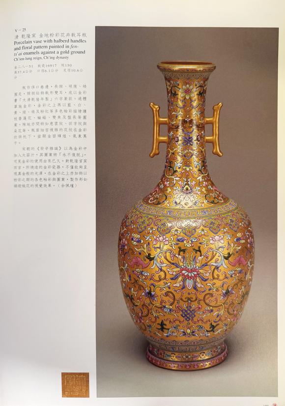 華藝國際清乾隆  御制金地粉彩番蓮八吉祥紋朝天耳三足爐（配蓋、座）
