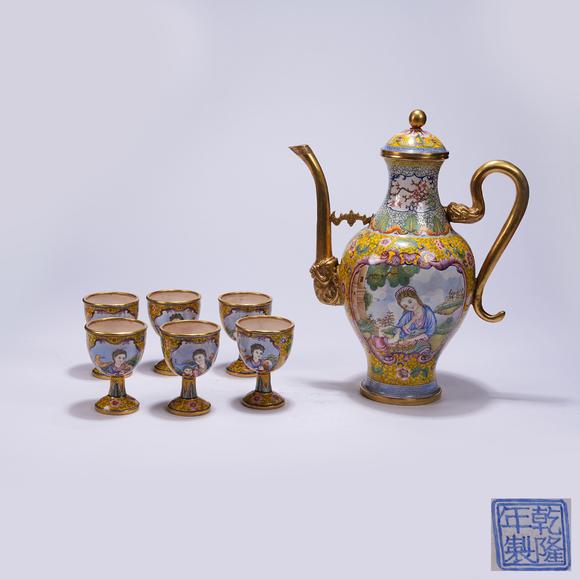 千葉大和銅胎畫琺瑯人物紋執(zhí)壺杯一組