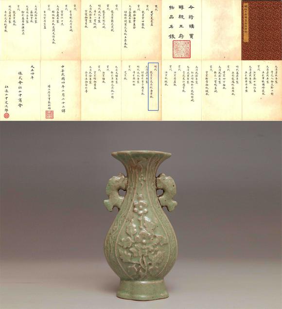 東京國際拍賣明代 龍泉窯花卉紋海棠瓶