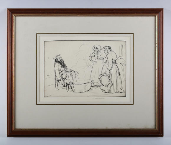 TooveysEdmund Blampied (British 1886-1966) - The Sick Man, etching, signed lower right, p.19.5cm x 29cm, within a stained wood frame.