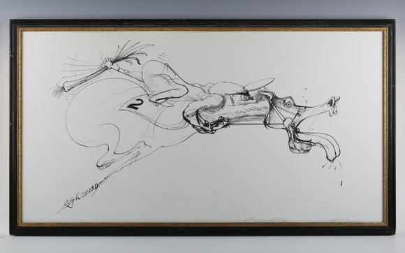 TooveysRalph Steadman (British b.1936) - Racehorse, print, signed and dated 3.3.77 lower centre, 50cm x 95cm, within a black frame, together with a further p