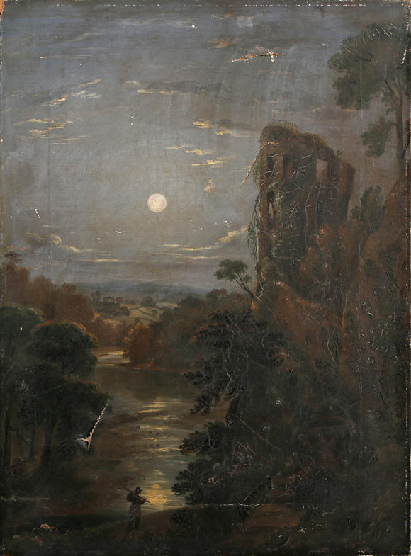 TooveysCircle of Sebastian Pether - Moonlit river scene with ruined tower, oil on canvas, 41cm x 30.5cm, unframed.