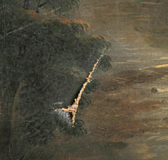 TooveysCircle of Sebastian Pether - Moonlit river scene with ruined tower, oil on canvas, 41cm x 30.5cm, unframed.