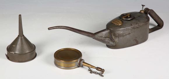 TooveysA Braime tin oil can, length 45cm, a Braime brass oiler and a tin funnel.