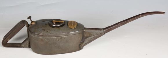 TooveysA Braime tin oil can, length 45cm, a Braime brass oiler and a tin funnel.