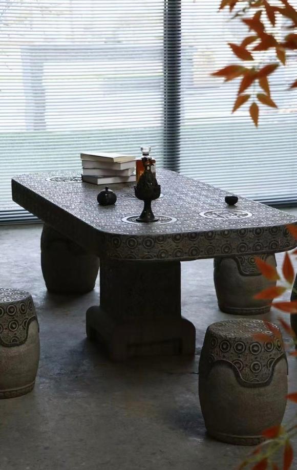 東京蕓術(shù)五帝金錢.庭院石桌.七件套.一桌六凳。