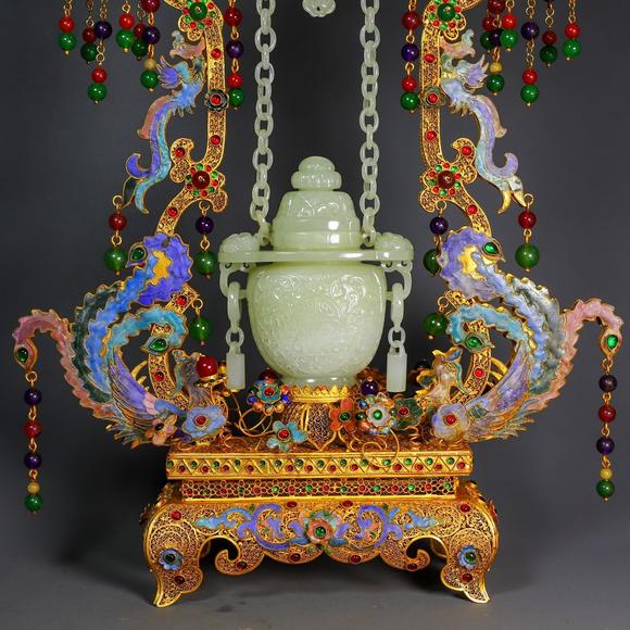 東京蕓術掐絲和田玉鏈條花籃