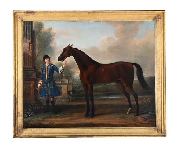 DreweattsJOHN WOOTTON (BRITISH 1686-1765), BAY BOLTON, HELD BY A GROOM, IN A PARKLAND SETTING