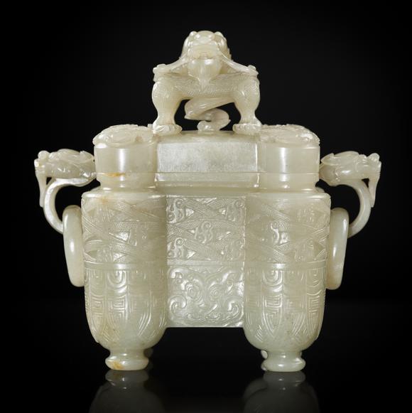 Galerie ZackeA PALE CELADON JADE ‘TULU’ VESSEL AND COVER, CHINA, QIANLONG PERIOD (1736-1795)