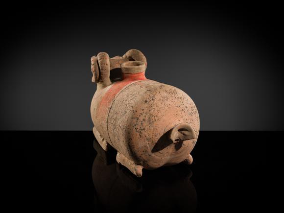 Galerie ZackeA LARGE PAINTED POTTERY ‘RAM’ VESSEL, ZUN, HAN DYNASTY