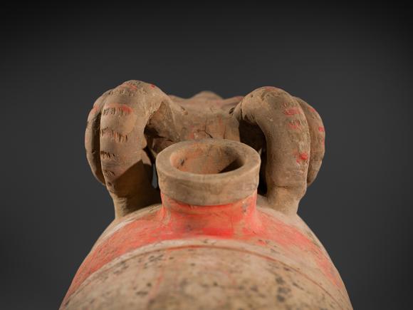 Galerie ZackeA LARGE PAINTED POTTERY ‘RAM’ VESSEL, ZUN, HAN DYNASTY