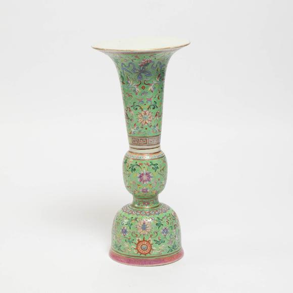 Waddington'sA Lime-Green Ground Famille Rose Gu-Form Vase, Daoguang Period (1821-1850), 清 道光 綠地粉彩八吉祥番蓮紋花觚