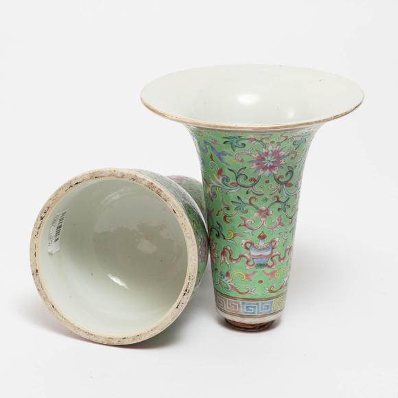 Waddington'sA Lime-Green Ground Famille Rose Gu-Form Vase, Daoguang Period (1821-1850), 清 道光 綠地粉彩八吉祥番蓮紋花觚