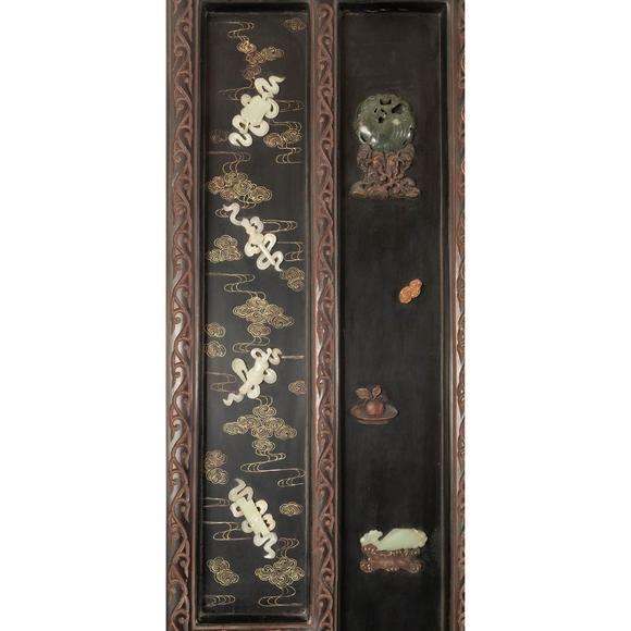 Waddington'sA Jade and Hardstone-Inlaid Black and Gilt-Lacquer Twelve-Panel Floor Screen, Late Qing/Republican Period, 晚清/民國 雕漆嵌寶地屏一套共十二扇