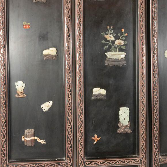 Waddington'sA Jade and Hardstone-Inlaid Black and Gilt-Lacquer Twelve-Panel Floor Screen, Late Qing/Republican Period, 晚清/民國 雕漆嵌寶地屏一套共十二扇
