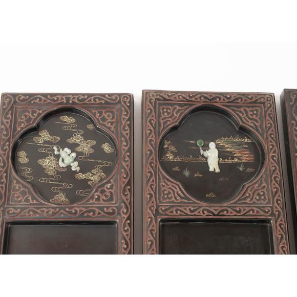 Waddington'sA Jade and Hardstone-Inlaid Black and Gilt-Lacquer Twelve-Panel Floor Screen, Late Qing/Republican Period, 晚清/民國 雕漆嵌寶地屏一套共十二扇