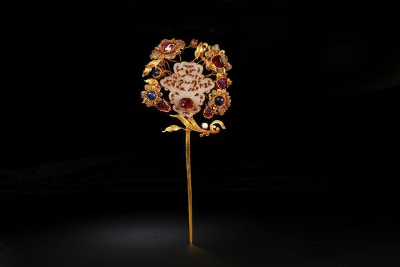 日本勝美商事株式會(huì)社金累絲嵌玉鑲寶發(fā)簪