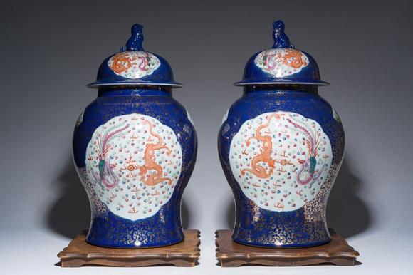 Coronari Auctions BVA pair of large Chinese famille rose blue-ground 'dragons and phoenixes' vases with covers, Kangxi mark, 19th C.