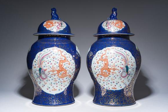 Coronari Auctions BVA pair of large Chinese famille rose blue-ground 'dragons and phoenixes' vases with covers, Kangxi mark, 19th C.