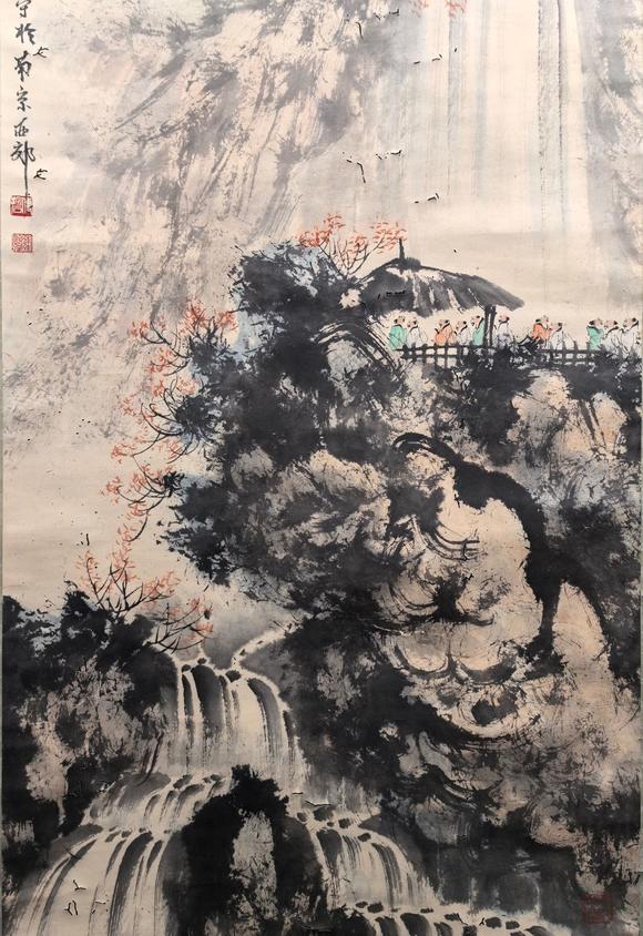日本松町古美傅抱石 松亭望瀑圖