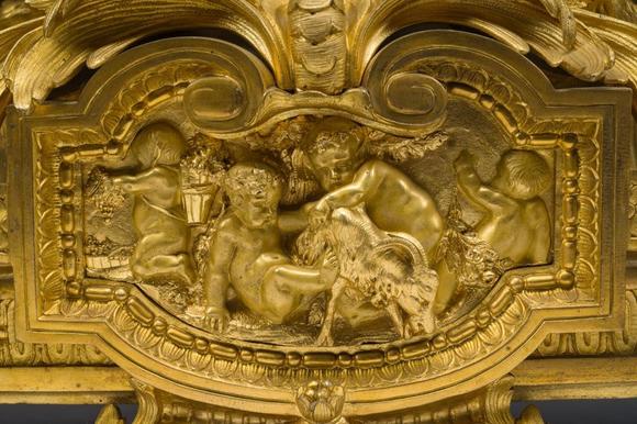 Coronari Auctions BVA fine and exceptional French Napoleon III gilt bronze three-piece clock garniture with putti and floral design, 19th C.