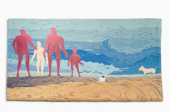 Coronari Auctions BVJose Vermeersch (1922-1997): An exceptional wall tapestry with figures and a dog on the beach, hand-tufted wool, ed. 1/1, dated (19)91