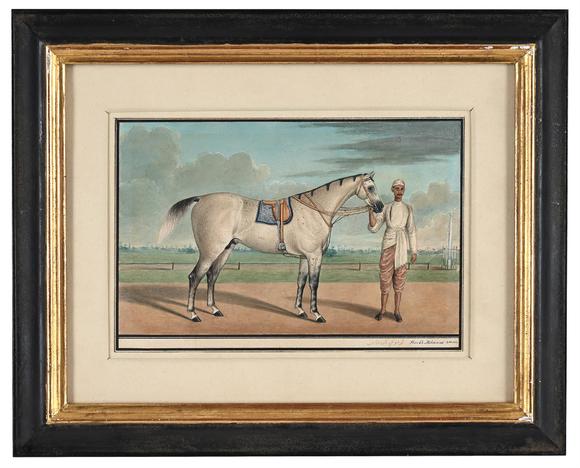 DreweattsSTUDIO OF SHAIKH MUHAMMED OF AMIR KARRAYA (FL. 1830-1850), A WHITE STALLION WITH A GROOM