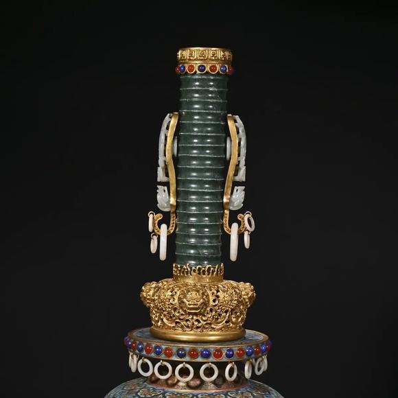 JUBAO HALL AUCTION HOUSE INCPair of Bronze Cloisonné Enamel Jade-Inlaid Scholar's Vases