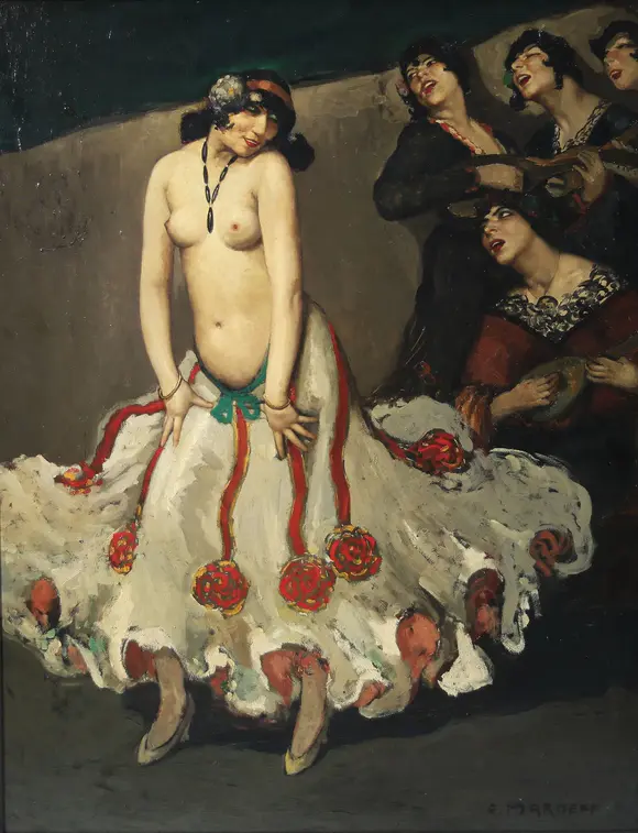 Goldfield Auction sarlsErnest Marneffe (1866-1921) La Danseuse espagnole Oil on canvas depicting a Spanish dancer in an attitude full of grace and movement. The young woman, partially unclothed, animates the scene with an expressive gesture, while her white skirt adorned with ribbons and flowers accompanies the rhythm of the dance. In the background, a group of female musicians accompany her, singing and playing mandolin, creating a festive, theatrical atmosphere. Through the dynamism of the composition, the richness