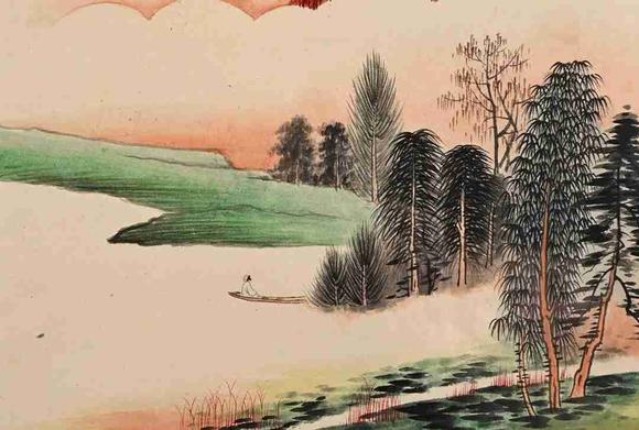 日本松町古美張大千 泊舟山水圖