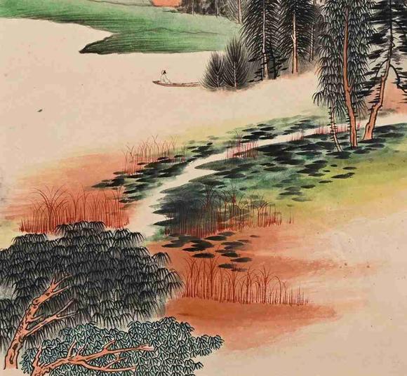 日本松町古美張大千 泊舟山水圖