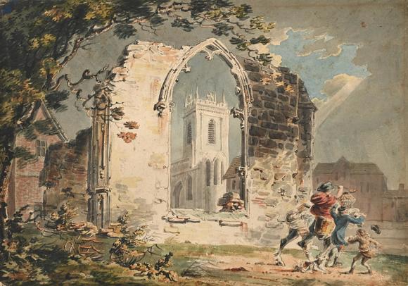 DreweattsJOSEPH MALLORD WILLIAM TURNER (BRITISH 1775-1851), TRAVELLERS PASSING A RUINED ABBEY