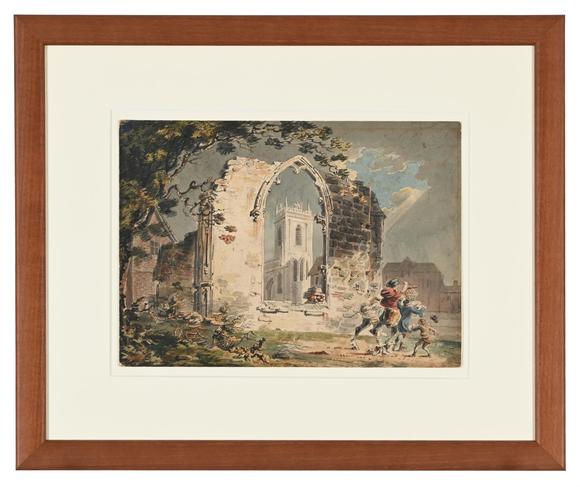 DreweattsJOSEPH MALLORD WILLIAM TURNER (BRITISH 1775-1851), TRAVELLERS PASSING A RUINED ABBEY