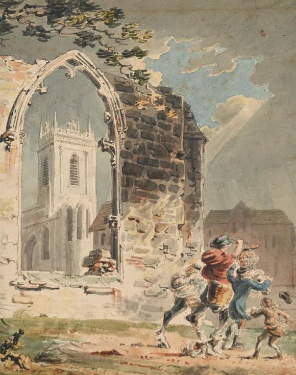 DreweattsJOSEPH MALLORD WILLIAM TURNER (BRITISH 1775-1851), TRAVELLERS PASSING A RUINED ABBEY