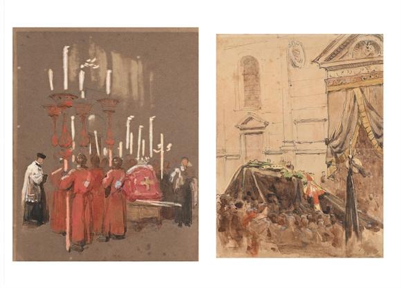 DreweattsENGLISH SCHOOL (19TH CENTURY), FUNERAL OF SENOR FORTUNY AT ROME; TWO SKETCHES