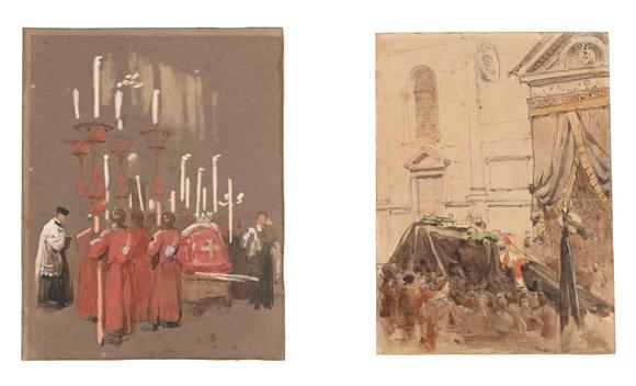 DreweattsENGLISH SCHOOL (19TH CENTURY), FUNERAL OF SENOR FORTUNY AT ROME; TWO SKETCHES