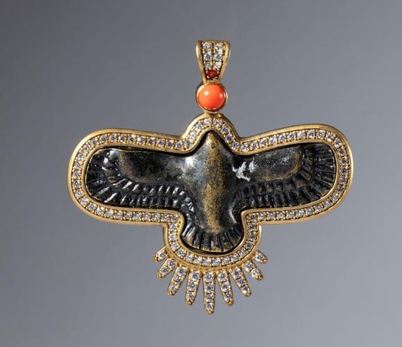 Bertolami Fine ArtCopper alloy pendant with a posthumous setting, crystals, and coral. China, 20th century