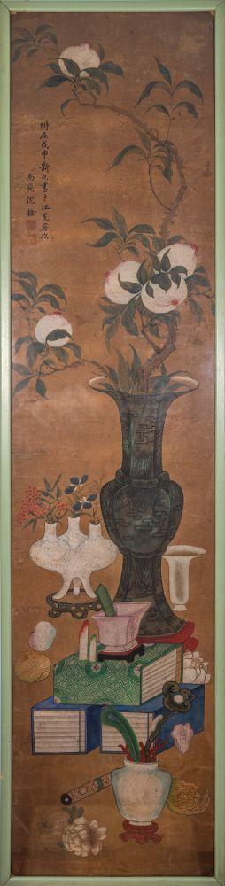 Bertolami Fine ArtA rare four-panel painting depicting scholarly objects and flowers in vases. Ink and pigments on paper. Benzoni Collection, China, Qing Dynasty (1644–1912).