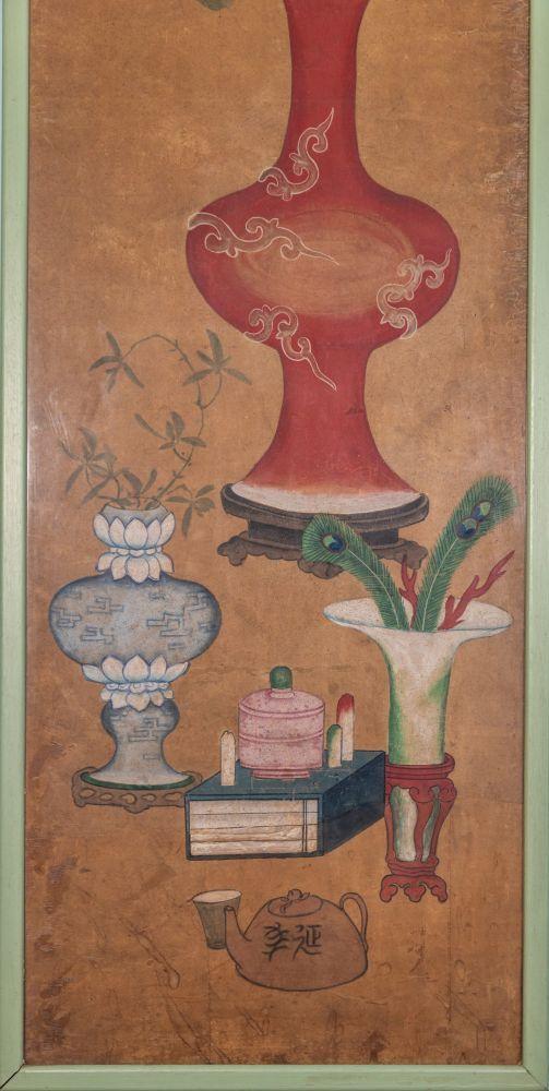 Bertolami Fine ArtA rare four-panel painting depicting scholarly objects and flowers in vases. Ink and pigments on paper. Benzoni Collection, China, Qing Dynasty (1644–1912).