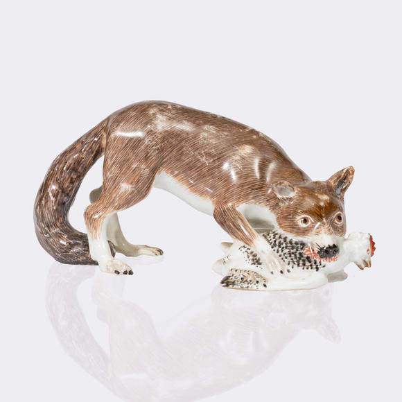 Auktionshaus StahlJohann Friedrich Eberlein (Dresden 1695 - Meissen 1749). A Fox with Chicken in its Mouth.