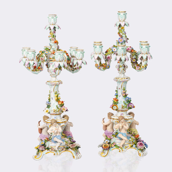 Auktionshaus StahlErnst August Leuteritz (Meissen 1818 - Meissen 1893). A Pair of Splendid Seven-Flamed Girandoles 'The Music'.