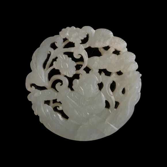 Oakridge Auction Gallery十九世紀(jì)早 白玉鏤雕童子佩（附木座）  A Chinese reticulated white jade 'boy' plaque