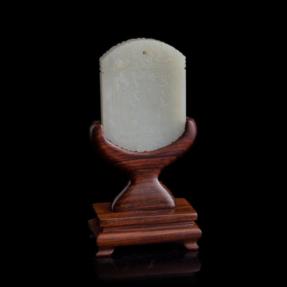 Oakridge Auction Gallery十八世紀(jì)晚/十九世紀(jì)早 白玉山水詩文牌(附木座）  A Chinese carved white jade 'landscape' and 'inscription' plaque