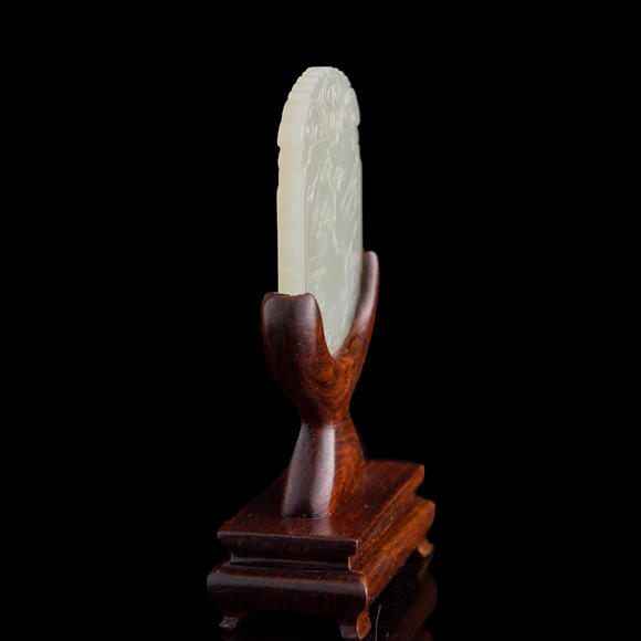 Oakridge Auction Gallery十九世紀(jì)早 白玉雕青山流水牌（附木座）  A Chinese carved white jade 'landscape' plaque