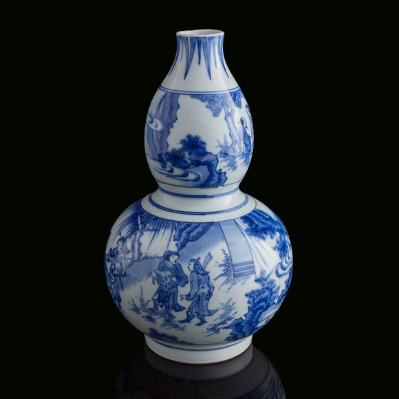 Oakridge Auction Gallery明崇禎 青花人物葫蘆瓶  A Chinese blue and white double gourd-form vase